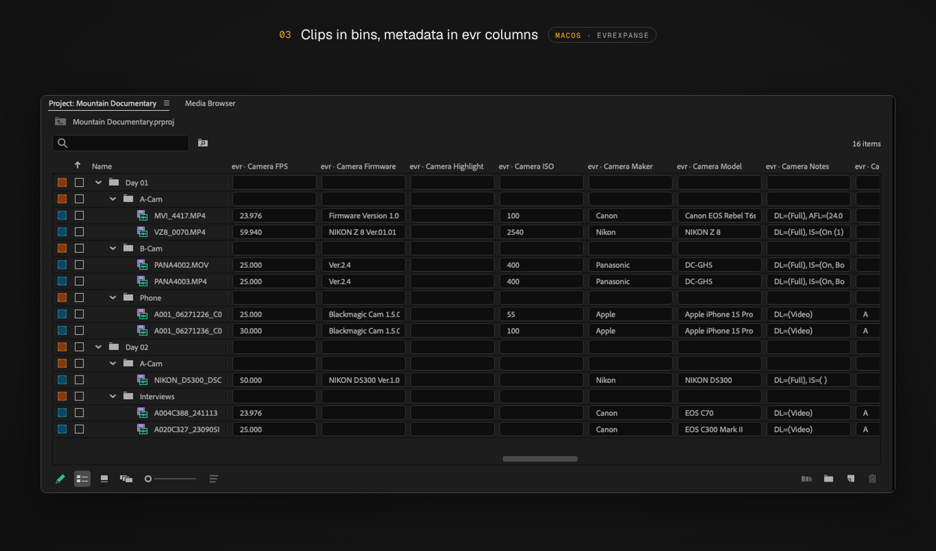 Clips in bins, metadata in evr columns